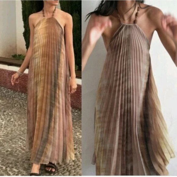 ZARA WOMEN SS24 TIE DYE PLEATED HALTER DRESS MULTICOLORED - Picture 9 of 11